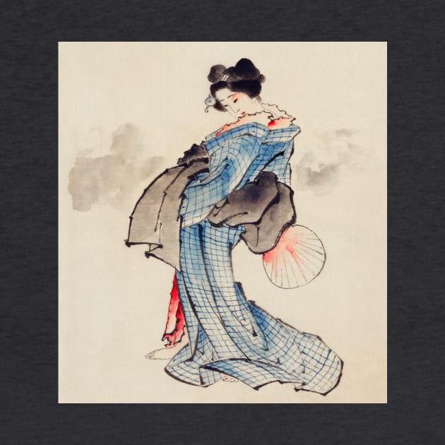 Woman, Full-Length Portrait, Standing, Facing Left, Holding Fan in Right Hand, Wearing Kimono with Check Design by Katsushika Hokusai (1760-1849) by Garkbit's